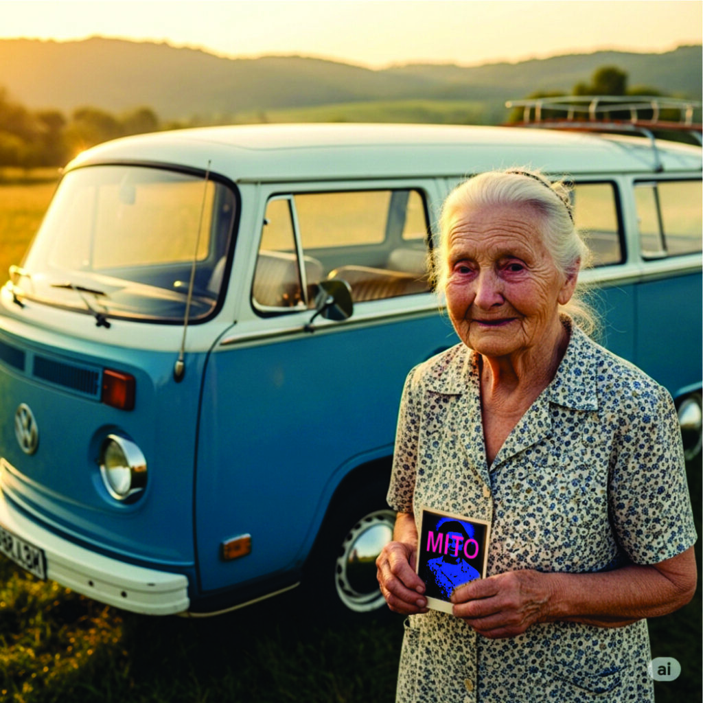 Senhora humilde com expressão emocionada, entre o choro e o sorriso, segura uma foto com a palavra "Mito" diante de uma Kombi velha e enferrujada — imagem que simboliza a fé popular em promessas políticas não cumpridas.