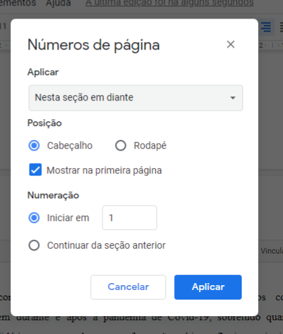 Como numerar páginas no Google Docs